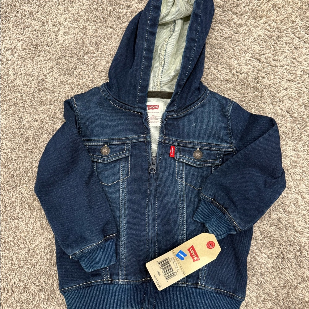 Levi's Blue Jean Jacket with Hood and Contrast Stitching